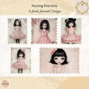 Pink Whimsy Girl Scrapbooking Stamps, 5 Envelope Stamps Printable, Paper Craft, Digital Collage, 11 x 8.5, Pink Birthday Girl Ephemera