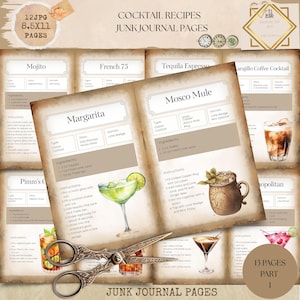 Diario di ricette di cocktail vintage, pagine di ricette di mixology stampabili, decorazioni per carrelli bar retrò, diario di bevande fai da te per baristi e host