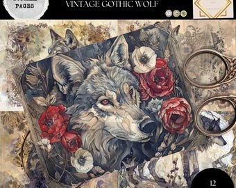 Junk Journal Printable, Gothic Wolf Journal Papiere, Buch der Schatten, Gothic Junk Journal Digi Kit, Digitales Handwerk, Mystische Wölfe Goth Papiere