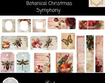 Botanical Christmas Symphony Ephemera, 38 Printable Junk Journal Pieces, Vintage Christmas Tags, Labels, Pockets & Cards, Holiday Scrapbook