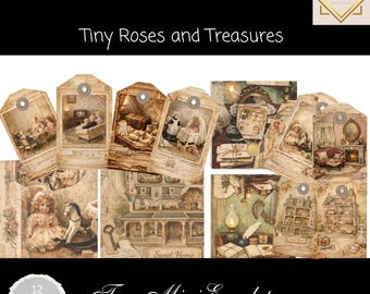 Victorian Dollhouse Junk Journal Tags & Mini Envelopes, Tiny Roses and Treasures Printable Ephemera Set, Shabby Chic Vintage Nursery