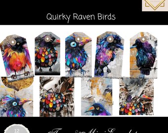 Quirky Raven Birds Junk Journal Tags And Mini Envelopes, Quirky Raven Printable Ephemera, Paper Craft, Scrapbooking 11 x 8.5, Mixed Media