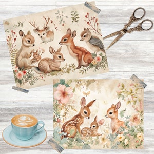 May include: A set of two watercolor illustrations featuring cute deer and fawns in a woodland setting. The first illustration shows a group of deer and fawns in a forest with flowers and leaves. The second illustration shows a family of deer with a fawn in a forest with flowers and leaves.