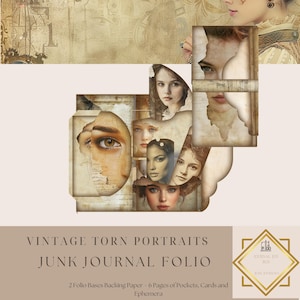 Kit diario pieghevole Vintage Torn Portraits, foglio pieghevole stampabile, effimeri vintage, ritratti vintage, carta artigianale, 11 x 8,5