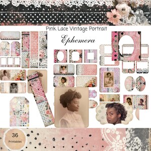 Pode incluir: Uma coleção de efêmeras vintage com tema de renda rosa. Inclui etiquetas, molduras e elementos decorativos com padrões florais e de bolinhas. O texto "Pink Lace Vintage Portrait" e "Ephemera" é visível.