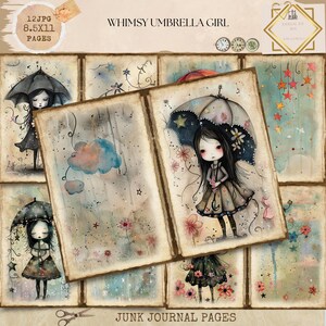 Könnte beinhalten: Verspielte Junk-Journal-Seiten mit Illustrationen eines Mädchens mit Regenschirm. Die Seiten haben einen Vintage-Look mit weichen Farben und floralen Akzenten. Auf den Seiten steht "Whimsy Umbrella Girl" und "Junk Journal Pages".