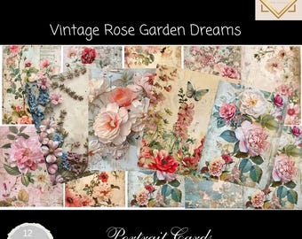Vintage Rose Junk-Journal Karten, 12 Karten, Vintage Rose druckbare Ephemera, Papierkunst, digitale Collage, 11 x 8,5, Vintage Ephemera