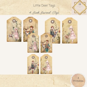 Little Deer's Junk Journal Tag, druckbare Ephemera, x4 Hirsch- und Mädchen-Geschenkanhänger, Papiermodelle, digitales Scrapbooking 11 x8,5, Mixed Media