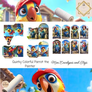 May include: A colourful parrot wearing a red baseball cap and holding a paint roller. The parrot is looking at the camera with a happy expression. The image is part of a set of 12 printable mini envelopes and tags. Quirky Colorful Parrot the Painter.