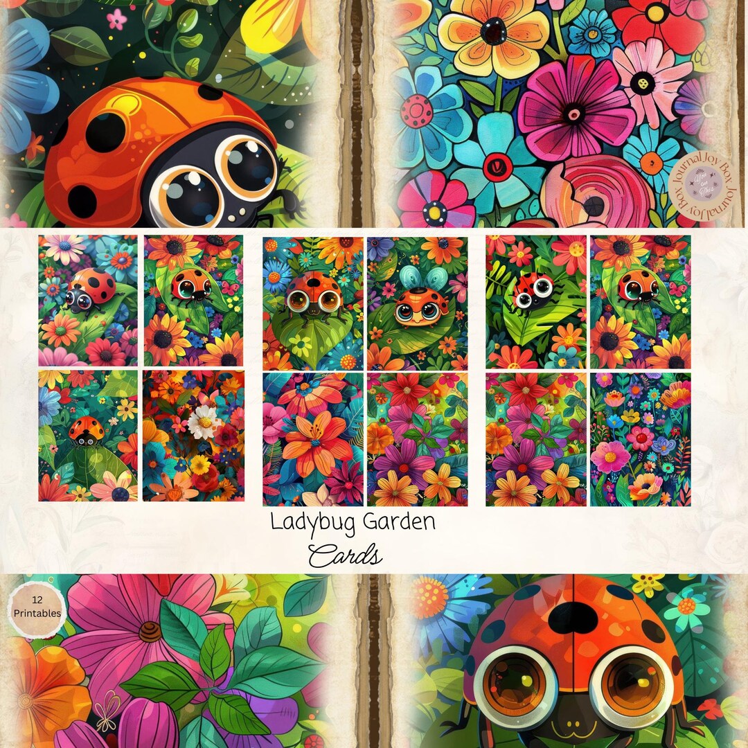 Colorful Ladybug Garden Junk Journal Cards, 12 Cards, Printable ...
