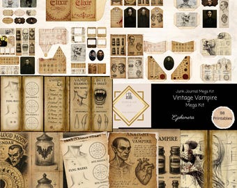 Vintage Vampire Specimen Junk Journal Mega Kit, Gothic Ephemera, Dark Academia Printable Halloween Kit, Paper Craft, Collage Sheet 11 x 8.5