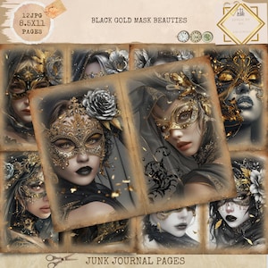 Gothic Masquerade Junk Journal, Victorian, Halloween, Masked Ball Pages, Black and Gold Mask Beauties, Printable Pages, Digital Download