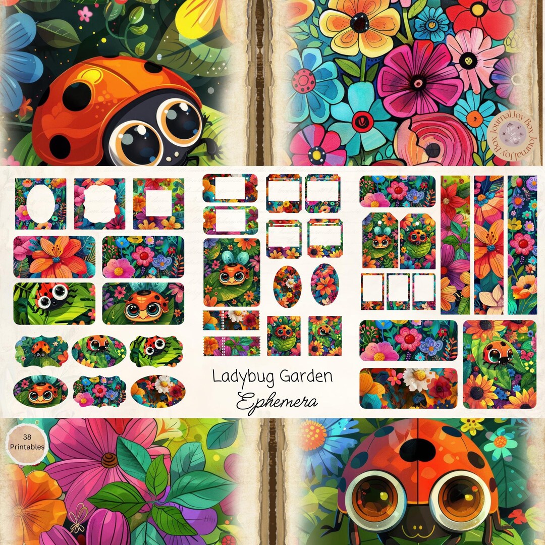 Colorful Ladybug Garden Junk Journal Ephemera Cards, 38 Extras Pack ...