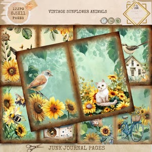 Junk Journal Printable, Sunflower Animals Journal, Sunflower Garden Journal Papers, Flower Junk Journal , Spring Junk Journal, Digi Kit