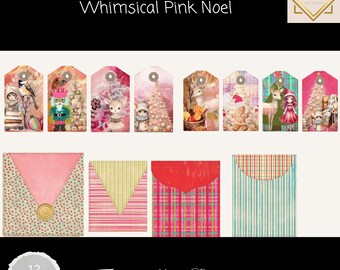Whimsical Pink Noel Christmas Tags & Mini Envelopes,  Printable Holiday Tags , Junk Journal Ephemera, Pastel Xmas Stationery