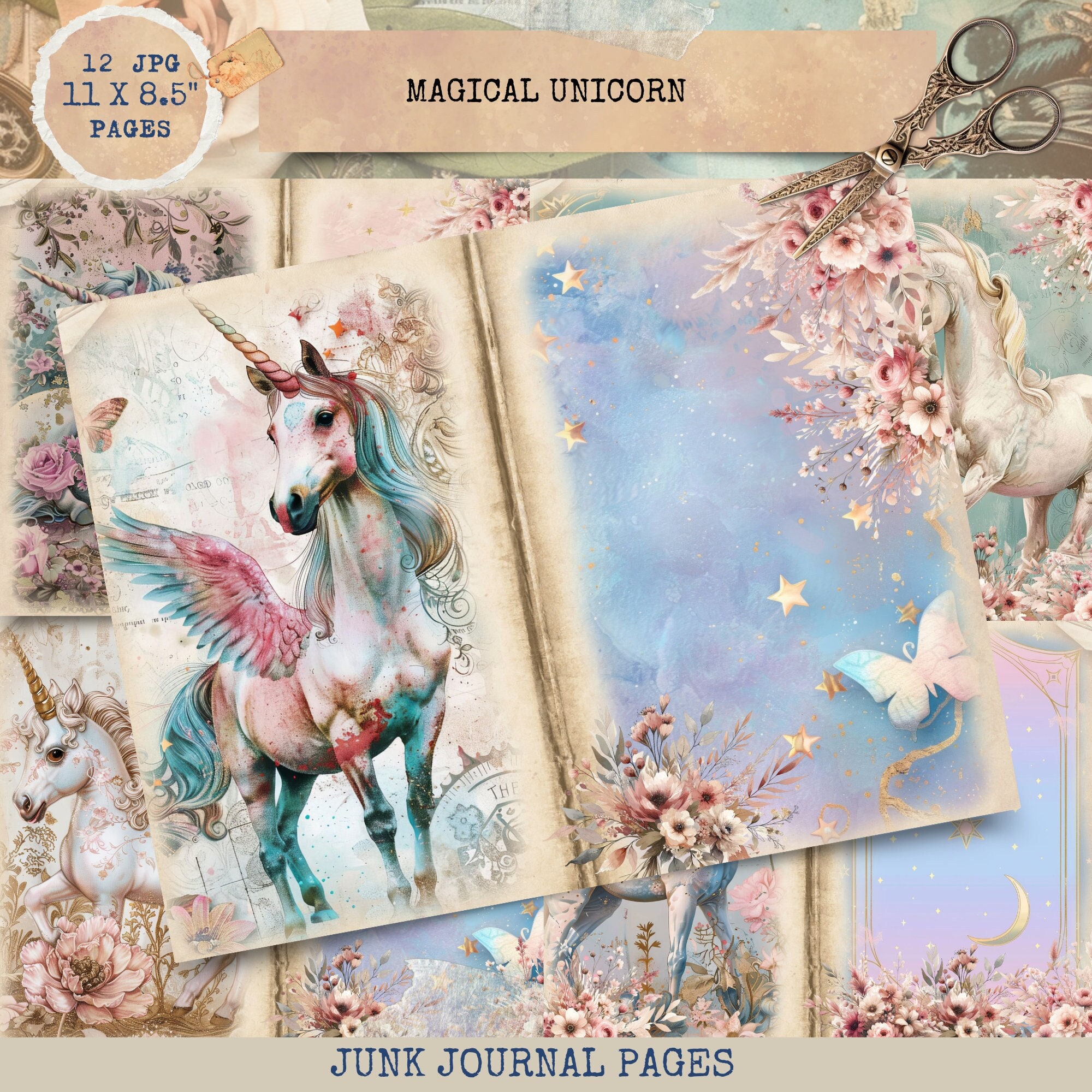 ジャンクジャーナル雑記帳　〜unicorn〜 Junk Journal Printable, Magical Unicorn Junk Journal, Fantasy