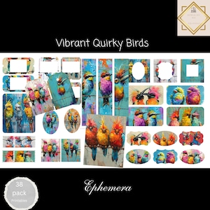Kaarten Quirky Birds Ephemera, 38 minipakket extra's, Quirky Birds Afdrukbare Ephemera, Paper Craft, Digitale collage, 11 x 8,5, Birds Journal