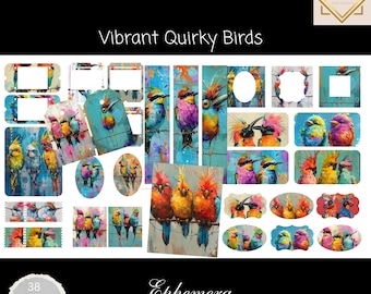 Quirky Birds Ephemera Cards, 38 Mini Extras Pack, Quirky Birds Printable Ephemera, Paper Craft, Digital Collage, 11 x 8.5, Birds Journal