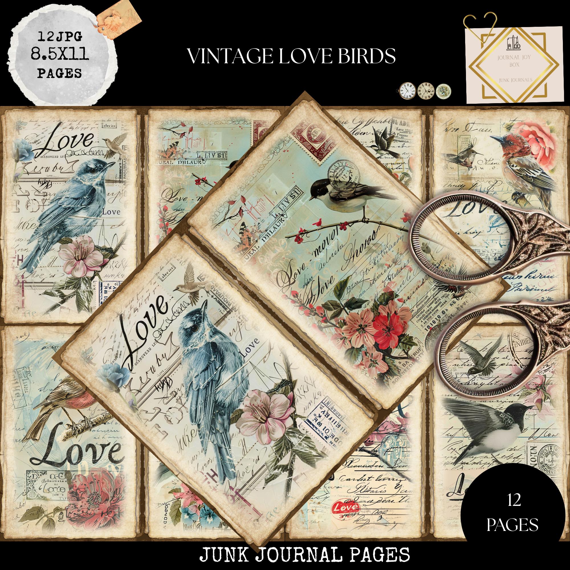 Junk Journal Printable, Vintage Love Birds Journal Papers, Love Birds ...