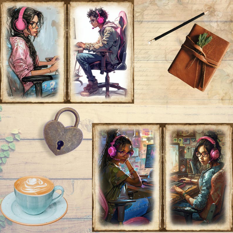 May include: A collage featuring digital art prints and objects. Prints depict people wearing headphones and using computers. Other elements include a heart-shaped lock, a cup of coffee, a leather-bound journal, and a magic wand.