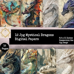Junk Journal stampabile, carte digitali con draghi mistici, elementi decorativi a tema drago, kit di artigianato digitale per Junk Journal fantasy, diario stampabile