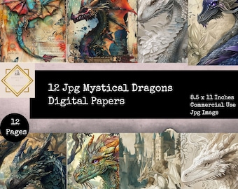 Papeles digitales para diario creativo, papeles digitales de dragones místicos, efímeros de dragones, kit digital de manualidades para diario creativo de fantasía, diario imprimible