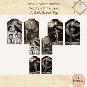 Etiquettes pour carnets noir et blanc, éphémères imprimables, x4 étiquettes de faveur femme corbeau, créations en papier, scrapbooking numérique 11 x 8,5, techniques mixtes
