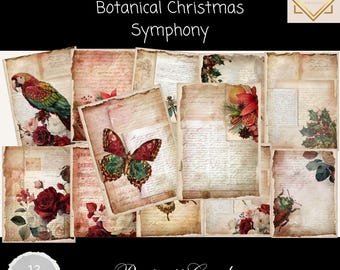 Botanical Christmas Symphony Portrait Cards, Vintage Floral Junk Journal Cards, Printable Christmas Ephemera