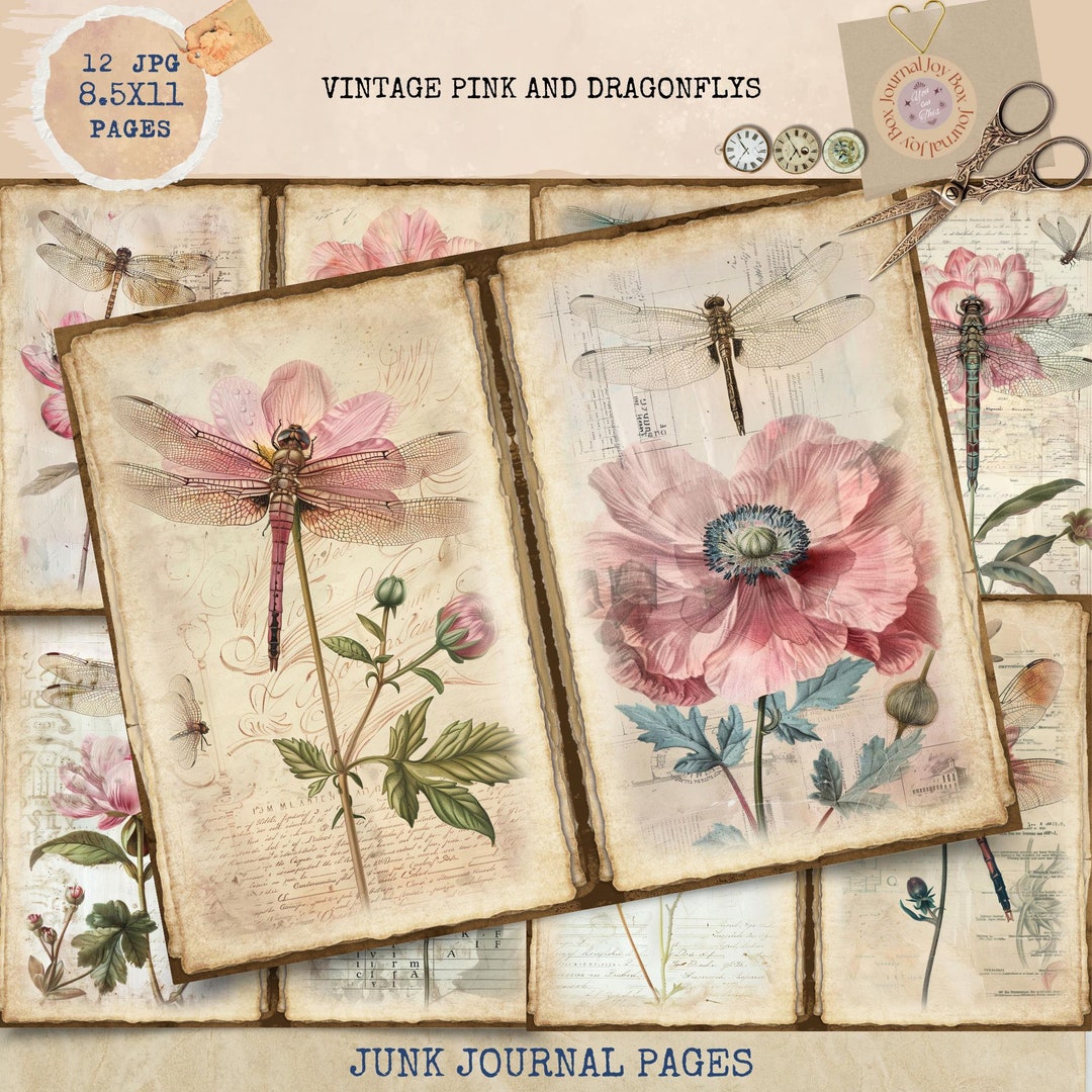 Junk Journal Printable, Dragonflies Journal, Pink Journal Papers ...