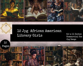 African American Library Woman Junk Journal Pages, Digital Scrapbook Paper, Woman Reading Printable, Collage Sheet, American  Woman Papers