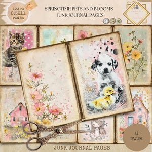 Pastel Farm Animals Junk Journal Pages, Cute Cottage core Printable Kit, Blush Floral Scrapbooking Paper, Vintage Pets & Flowers Ephemera