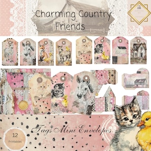 Charming Country Friends Mini Envelopes and Tags, Pink Polka Dot Farmhouse Animals Ephemera,  Vintage Junk Journal Printable ,11 x 8.5,