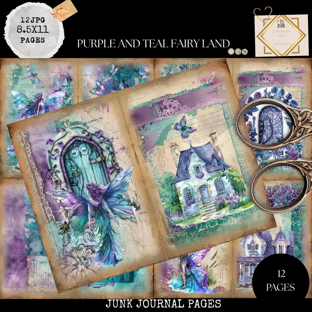 Junk Journal Printable, Teal and Purple Fairy Land Journal Papers ...