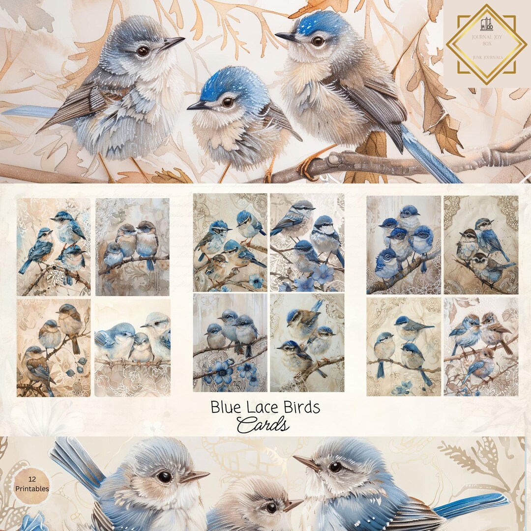 Blue Birds Junk Journal Cards, 12 Cards, Printable Ephemera, Paper ...