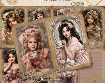 Puede incluir: Páginas de diario de arte vintage con ilustraciones de chicas con tazas de té. Las páginas tienen un aspecto envejecido con tonos rosas y beige. La imagen incluye el texto "VINTAGE GIRL AND TEA JUNK JOURNAL PAGES" y "12 PAGES".