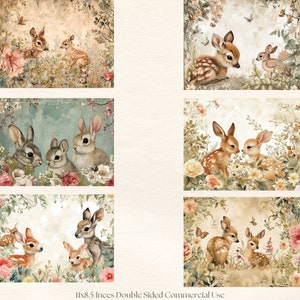 May include: A set of four double-sided fabric panels featuring a whimsical woodland theme. Each panel depicts a different scene with cute deer and bunnies in a lush floral setting. The panels are perfect for crafting projects, quilting, and home decor.