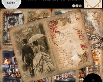 Autumn French Victorian Junk Journal Kit, Thanksgiving Harvest Digital Papers, Vintage Parisian Fall Ephemera & Printable Journal Pages