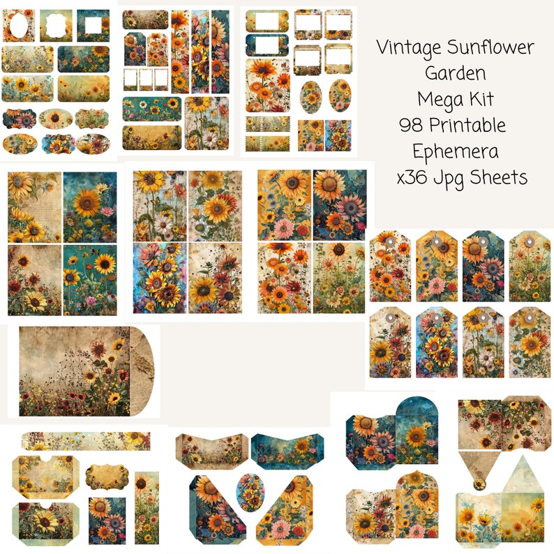 Mega Junk Journal Kit "sunflower" 98 Piece Sunflower Printable Papers ...