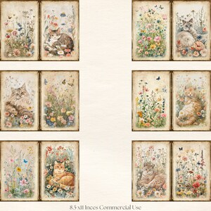 May include: A collection of eight watercolor illustrations featuring cats in a field of wildflowers. Each illustration is framed with a vintage-style border. Butterflies flutter among the flowers. The text "8.5 x 11 Inches Commercial Use" is at the bottom.