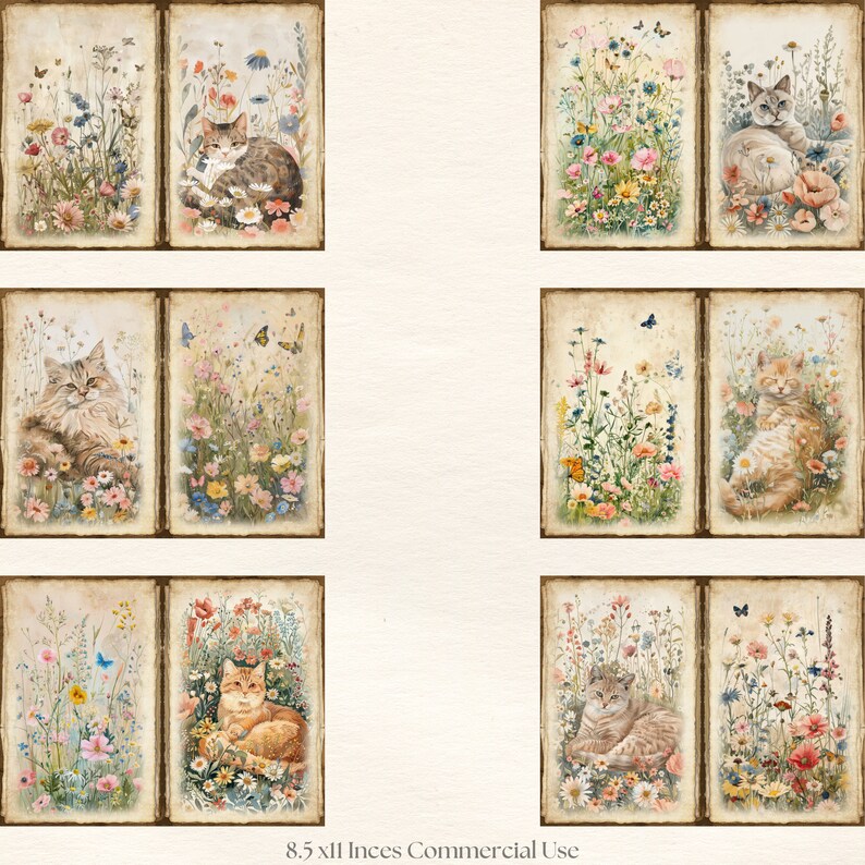 May include: A collection of eight watercolor illustrations featuring cats in a field of wildflowers. Each illustration is framed with a vintage-style border. Butterflies flutter among the flowers. The text "8.5 x 11 Inches Commercial Use" is at the bottom.