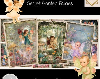 Secret Garden Fairies Portrait Cards, Whimsical Fairy Junk Journal Ephemera, Fantasy Mushroom Woodland Printable, Baby Fairy Cards