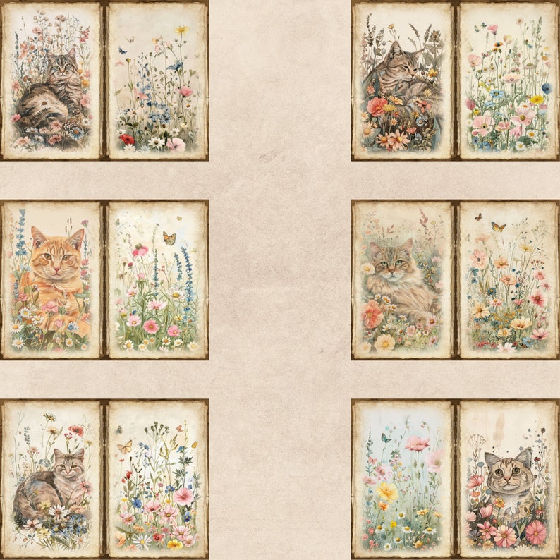 May include: A collection of six framed watercolor prints featuring cats and floral arrangements. Each print showcases a different cat breed amidst colorful wildflowers and butterflies, with a vintage, aged paper aesthetic.