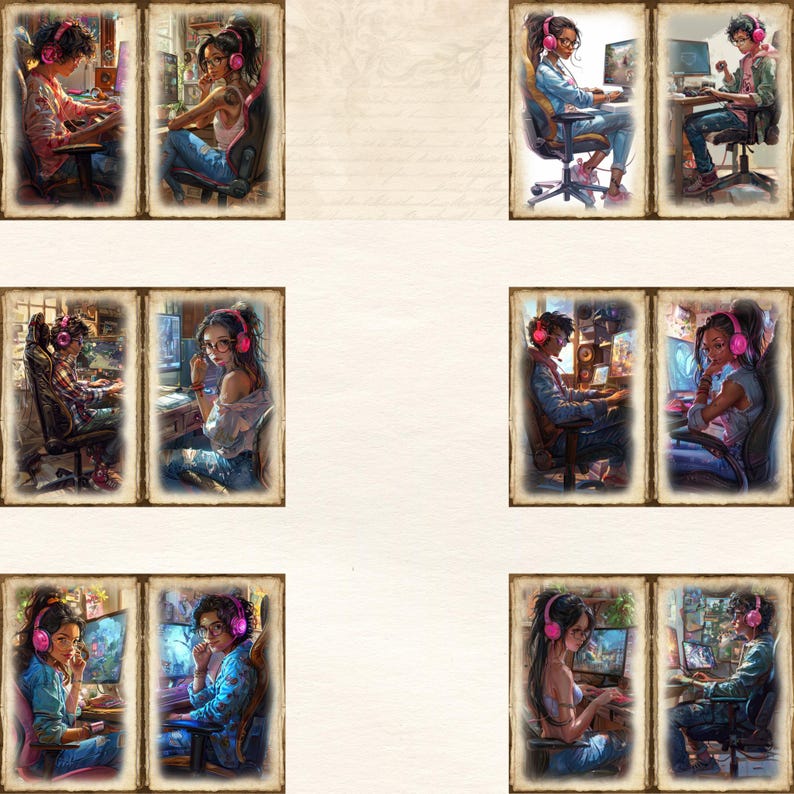 May include: A digital art print featuring six pairs of framed illustrations of people gaming. Each person is wearing headphones and is seated in front of a computer. The illustrations have a vintage, painterly style with warm tones.