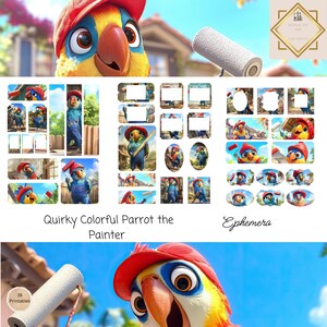 May include: A colorful parrot wearing a red hat and holding a paint roller. The parrot is looking directly at the viewer. The image is part of a set of 38 printable images for crafting and scrapbooking.