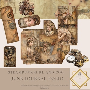 Kit folio de journal indésirable fille et rouages Steampunk, folio pliable imprimable, éphémères steampunk, fille steampunk vintage, créations en papier, 11 x 8,5