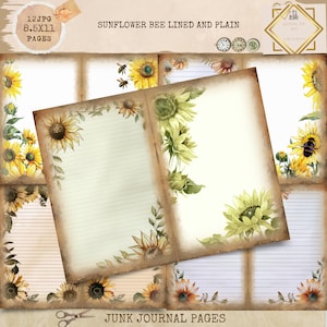 Junk Journal Printable, Sunflower Pages, Sunflower Lined Junk Journal, Sunflower Blank Journal, Digi Kit, Digital Craft, Printable Journal