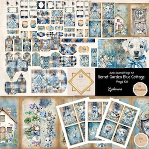 "Mega Journal Kit ""Secret Blue Cottage"" 98 Teile (Tiere) bedruckbares Papier, Tags, Ephemera, Karten, Folio Kit Papiermodelle 11 x 8.5."