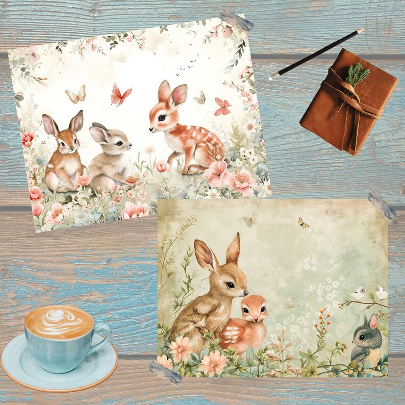 May include: Two watercolor illustrations of woodland animals. The first illustration features a fawn and two bunnies in a field of flowers. The second illustration features a fawn with a bird and a squirrel in a field of flowers.