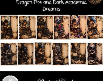 Dark Academia Portrait Cards, Dragon Fantasy Junk Journal Cards, Gothic Ephemera, Magical Library Printable, Raven & Dragon Journal Cards