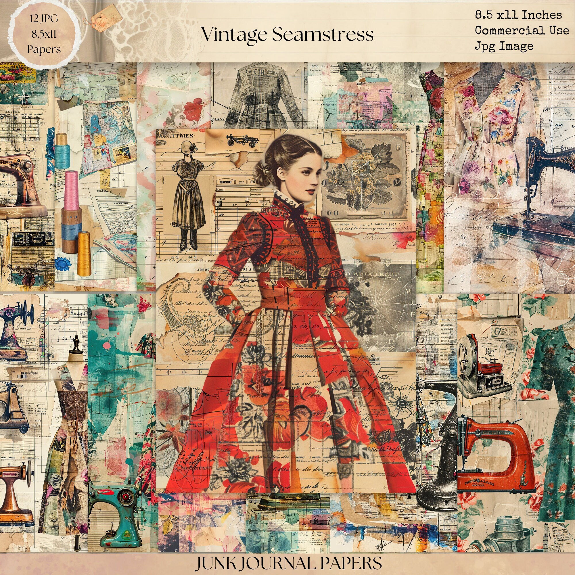 Vintage Seamstress Junk Journal Pages, Digital Scrapbook Paper, Sewing ...